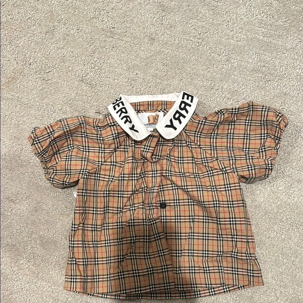 Burberry Brown and White Plaid Blouse with White Collar